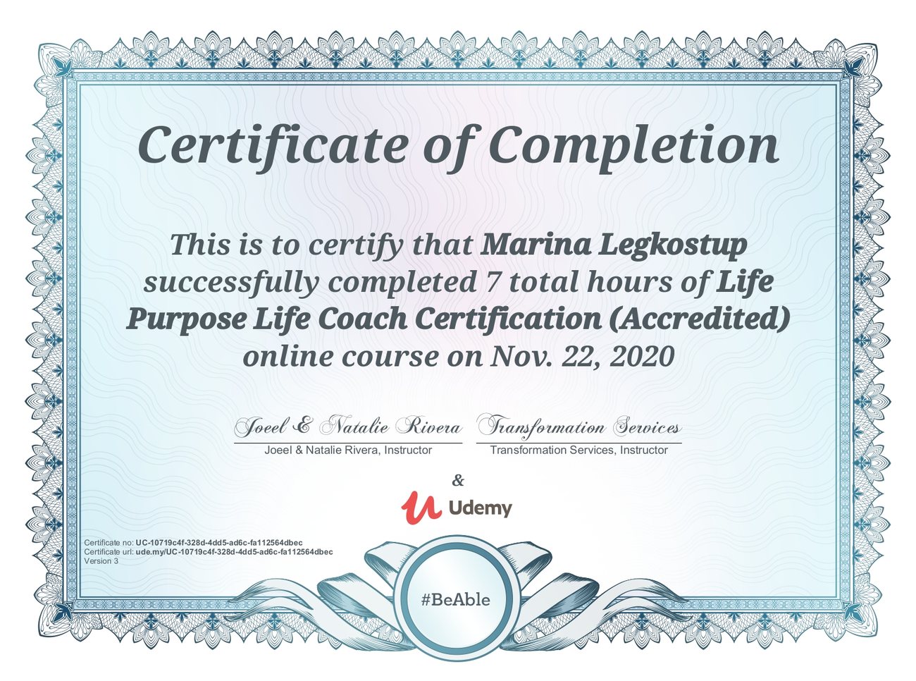 Сертификат Udemy Life Purpose Coach